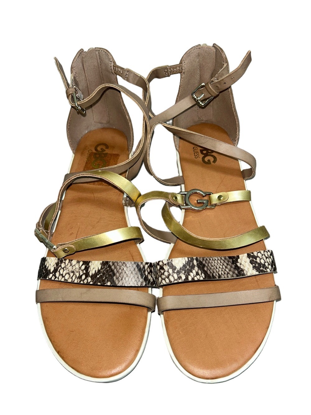 G by Guess Taupe, Gold & Snake-Print Strappy Flat Sandals: Size 8.5